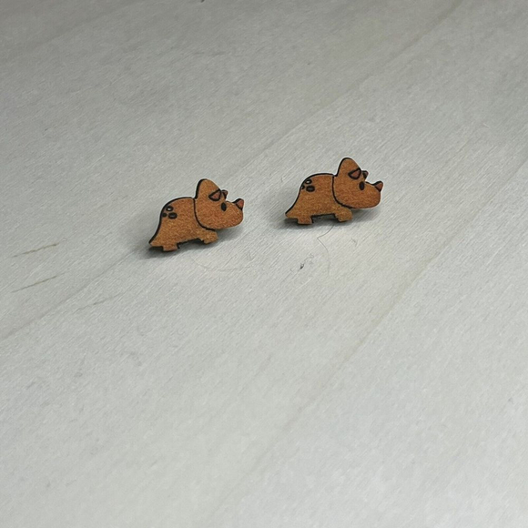 New Handcrafted Handpainted Lightweight triceratops Dinosaur Wood Earrings - Picture 1 of 7